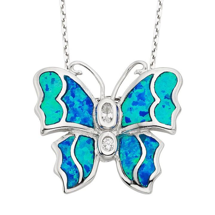 Lab-created Blue Opal & Cubic Zirconia Sterling Silver Butterfly Pendant Necklace, Women's, Size: 18