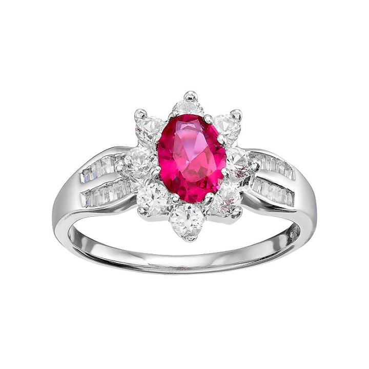 Sterling Silver Lab-created Ruby & Lab-created White Sapphire Flower Ring, Women's, Size: 8, Red