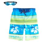 Boys 4-7 Zeroxposur Striped & Floral Swim Trunks With Goggles, Size: Small, Turquoise/blue (turq/aqua)