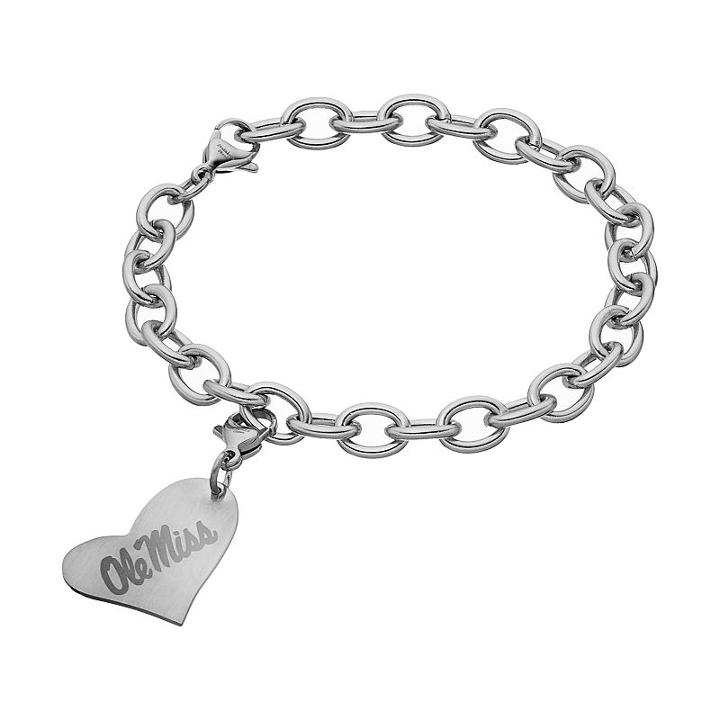 Fiora Stainless Steel Ole Miss Rebels Heart Charm Bracelet, Women's, Size: 8, Grey