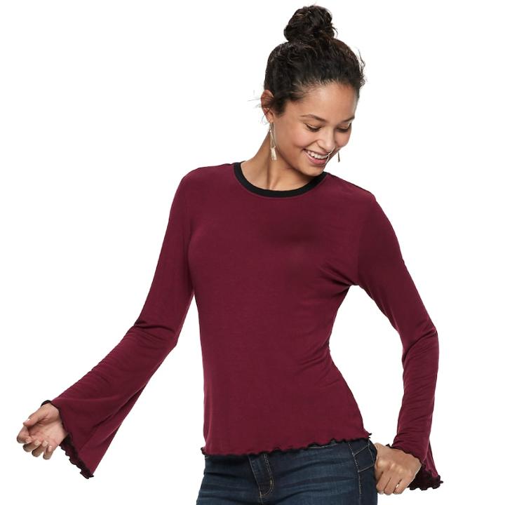 Juniors' Love, Fire Bell Sleeve Ringer Top, Teens, Size: Large, Dark Red