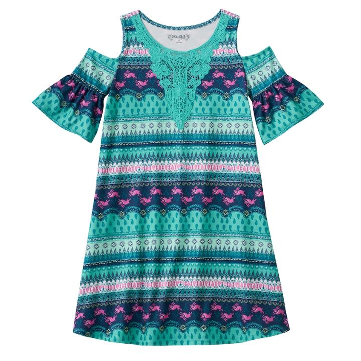 Girls Plus Size Mudd&reg; Patterned Cold Shoulder Dress, Size: 12 1/2, Turquoise/blue (turq/aqua)