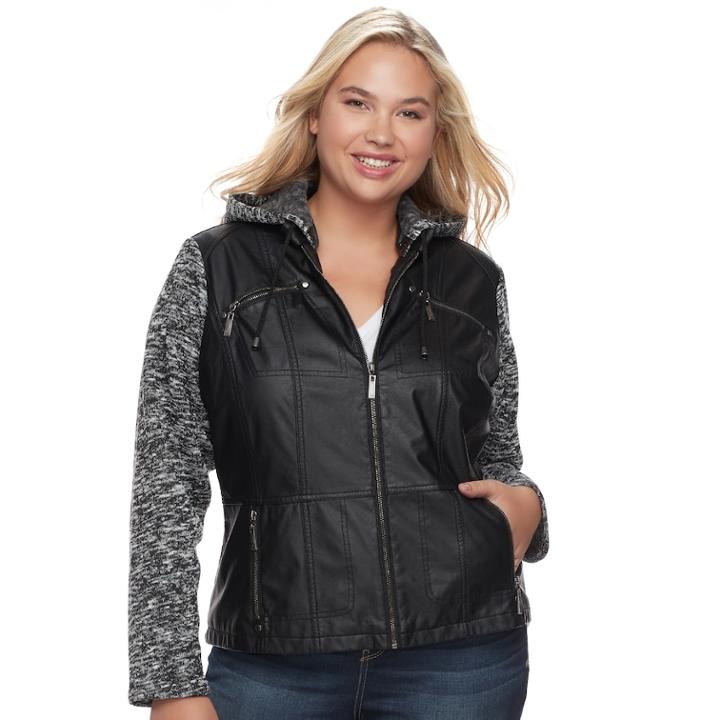 Juniors' Plus Size J-2 Knit Sleeve Faux-leather Jacket, Teens, Size: 1xl, Black