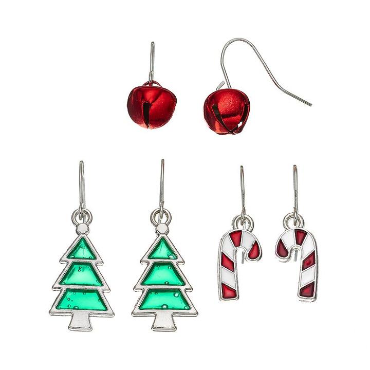 Jingle Bell, Candy Cane & Tree Drop Earring Set, Women's, Multicolor