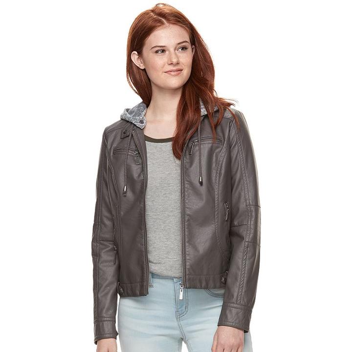Juniors' J-2 Removable Hood Faux-leather Jacket, Teens, Size: Xs, Grey (charcoal)
