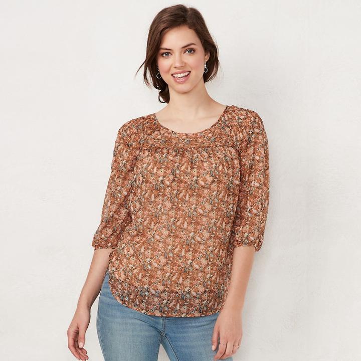 Women's Lc Lauren Conrad Printed Chiffon Peasant Top, Size: Medium, Drk Orange