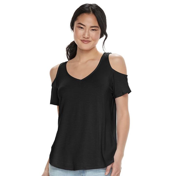 Juniors' Love, Fire Cold Shoulder V-neck Tee, Girl's, Size: Large, Black