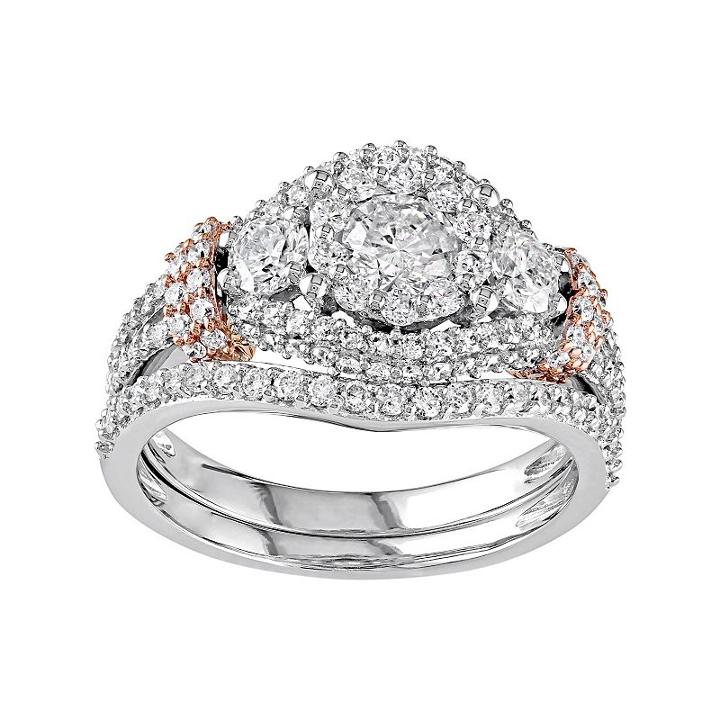 Two Tone 10k Gold 1 1/2 Carat T.w. Diamond 3-stone Halo Engagement Ring Set, Women's, Size: 7, White