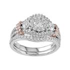 Two Tone 10k Gold 1 1/2 Carat T.w. Diamond 3-stone Halo Engagement Ring Set, Women's, Size: 7, White