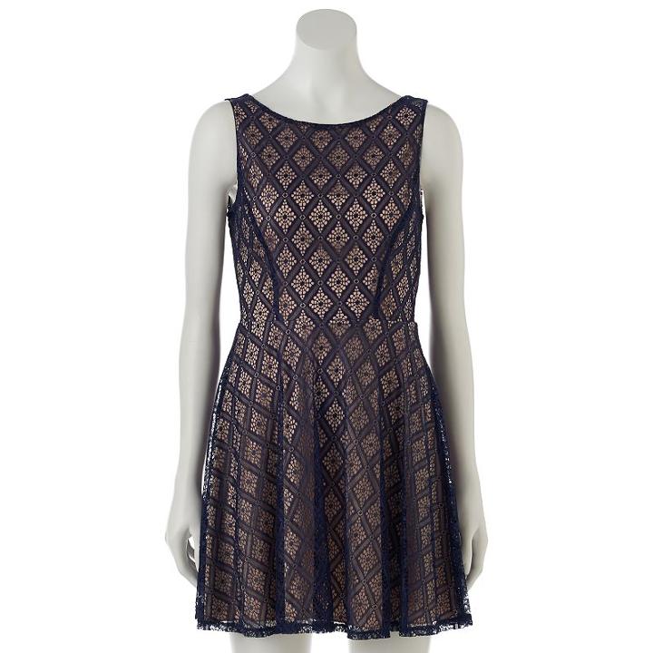 Juniors' Speechless V-back Lace Skater Dress, Girl's, Size: 5, Blue (navy)