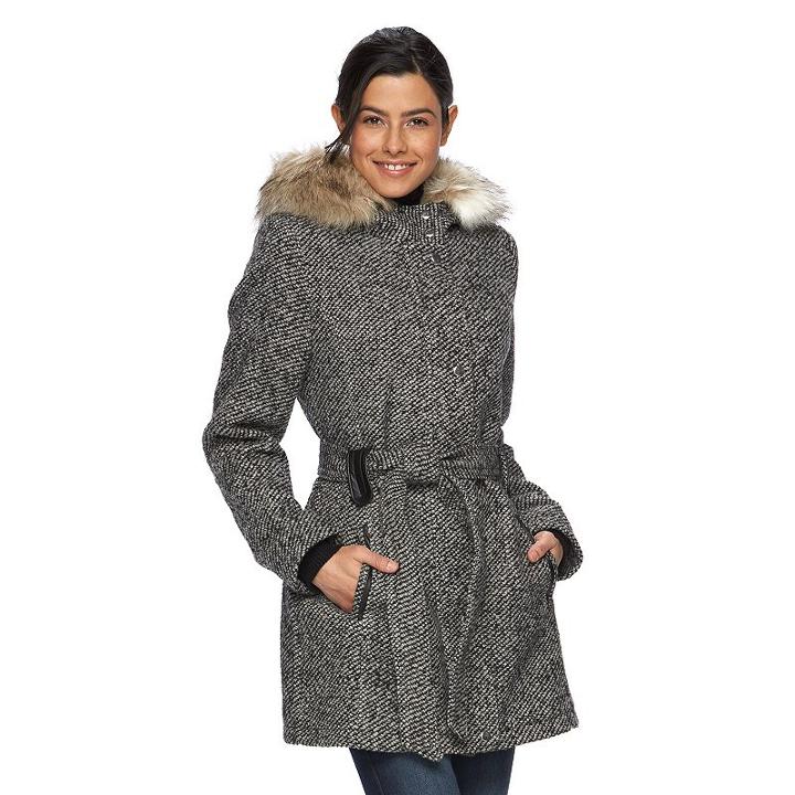 Women's Braetan Hooded Faux-fur Wool Tie Belt Coat, Size: Xl, Multicolor