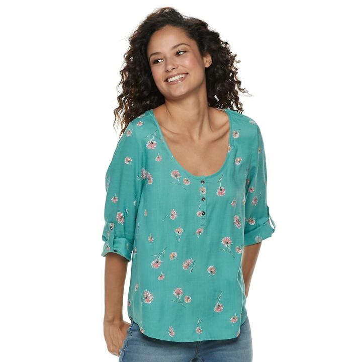 Juniors' So&reg; Woven Roll-tab Henley Top, Teens, Size: Xl, Blue
