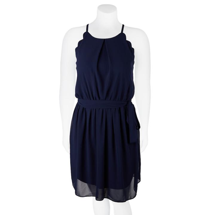 Juniors' Plus Size Iz Byer Belted Scallop Skater Dress, Teens, Size: 3xl, Blue (navy)