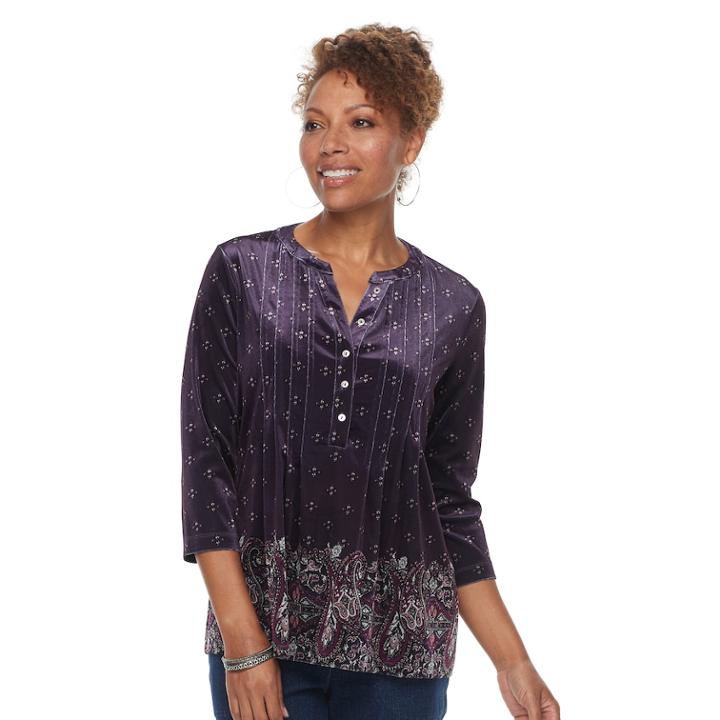 Petite Croft & Barrow® Pleated Velvet Henley Top, Women's, Size: Xl Petite, Med Purple