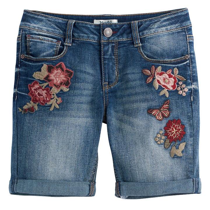 Girls 7-16 & Plus Size Mudd&reg; Flower Embroidered Denim Bermuda Shorts, Girl's, Size: 14, Light Blue