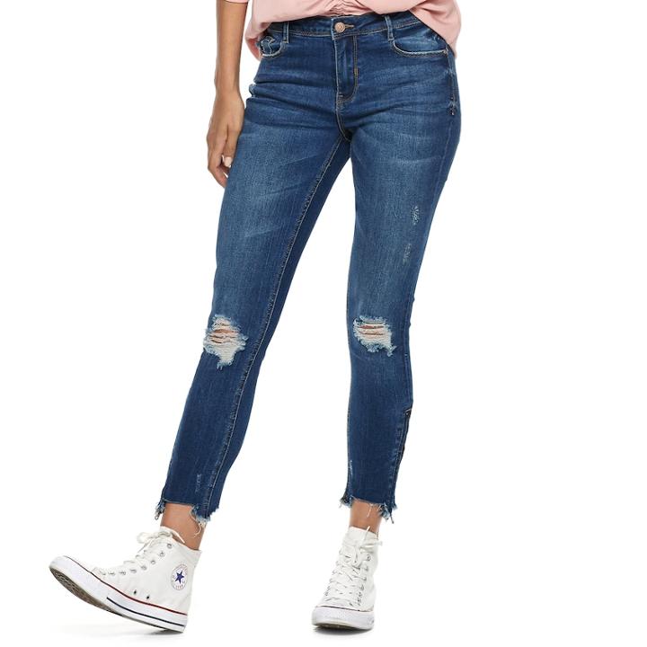 Juniors' Almost Famous Mid-rise Destructed Zip Hem Ankle Skinny Jeans, Teens, Size: 7, Dark Blue