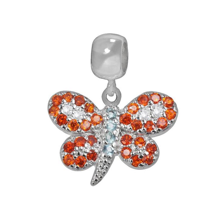 Individuality Beads Sterling Silver Crystal And Cubic Zirconia Butterfly Charm, Women's, Orange