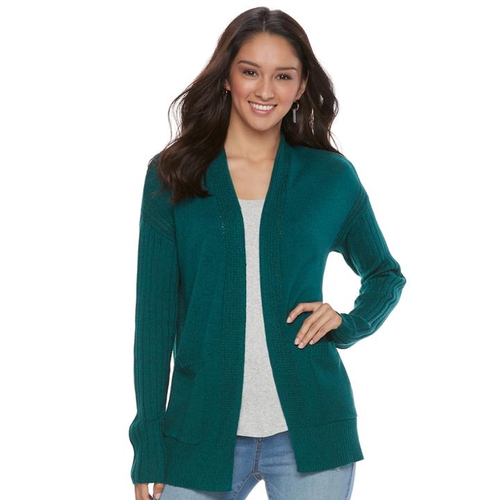 Juniors' So&reg; Drop Shoulder Rib Sleeve Cardigan, Teens, Size: Small, Med Green