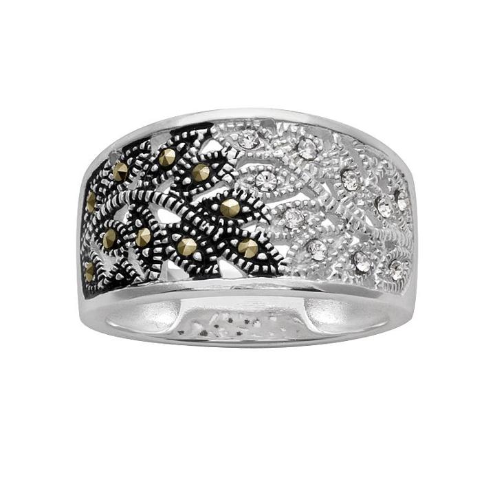 Silver Plated Crystal & Marcasite Leaf Ring, Women's, Size: 6, Grey
