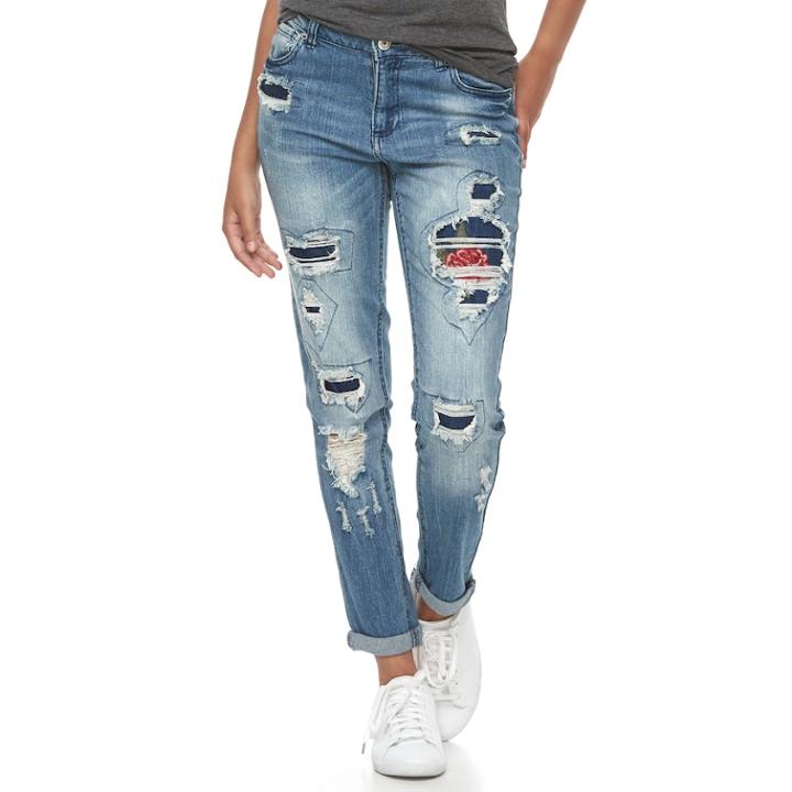 Juniors' Almost Famous Floral Ripped & Patched Jeans, Teens, Size: 5, Orange Oth