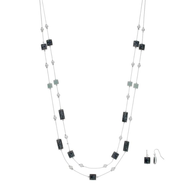 Gray & Black Bead Double Strand Necklace & Drop Earring Set, Women's, Grey