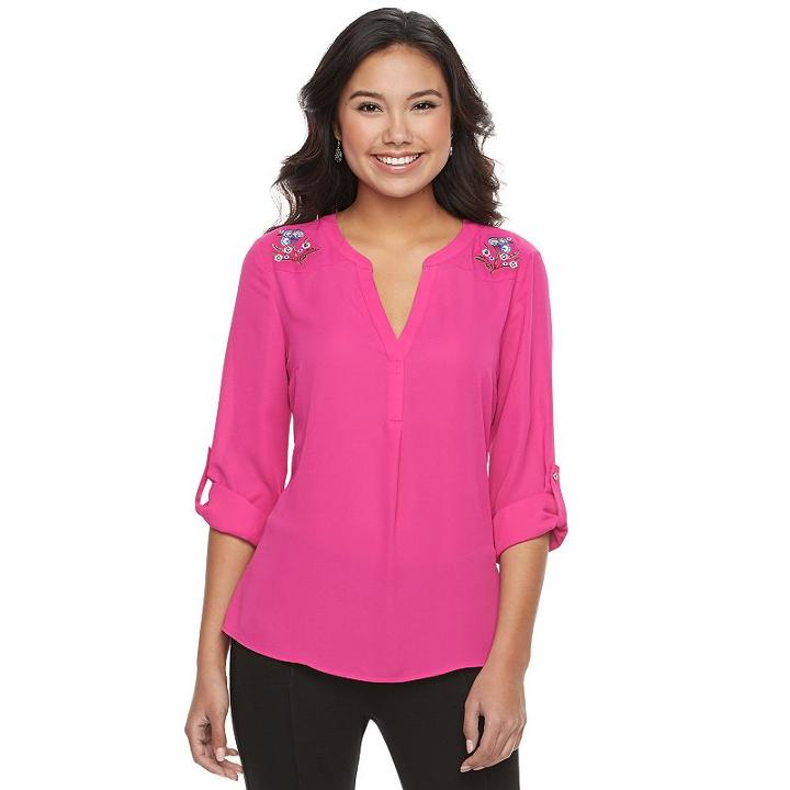 Juniors' Candie's&reg; Embroidered Splitneck Top, Girl's, Size: Xl, Pink