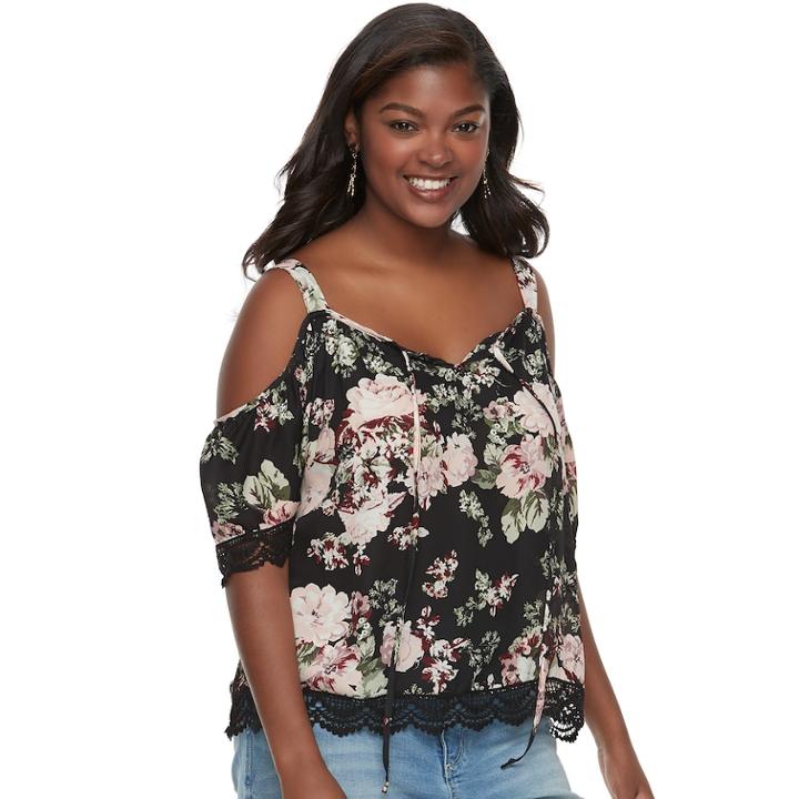 Plus Size Juniors' Liberty Love Floral Cold-shoulder Top, Teens, Size: 1xl, Black Floral