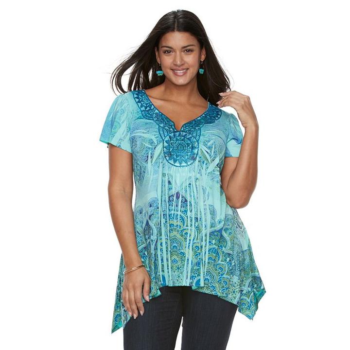 Plus Size World Unity Embellished Sublimation Sharkbite Top, Women's, Size: 1xl, Med Green
