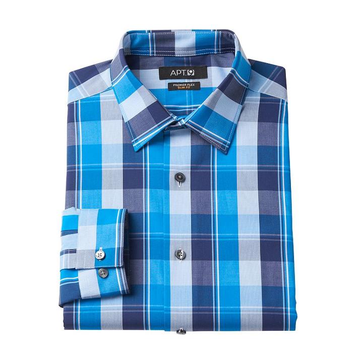 Men's Apt. 9&reg; Slim-fit Premier Flex Collar Plaid Stretch Dress Shirt, Size: 18 36/37, Blue