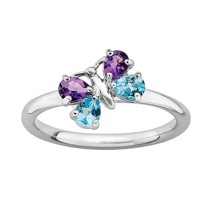 Stacks And Stones Sterling Silver Amethyst And Blue Topaz Butterfly Stack Ring, Women's, Size: 8, Multicolor