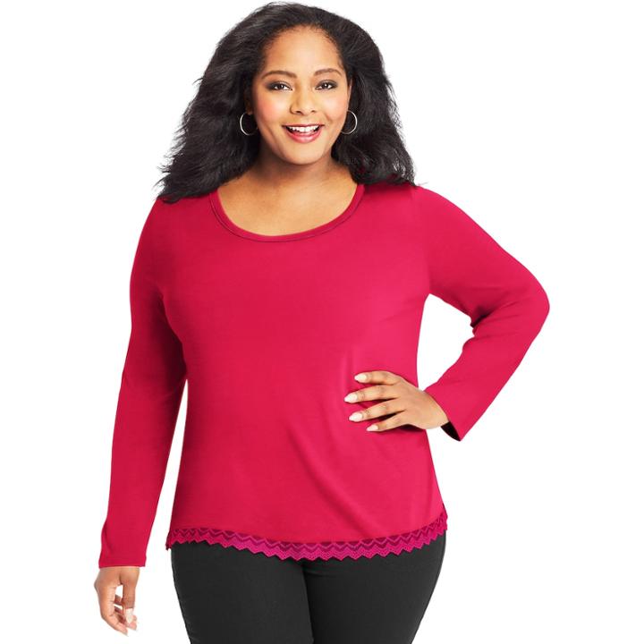 Plus Size Just My Size Lace Trim Long Sleeve Top, Women's, Size: 3xl, Dark Pink