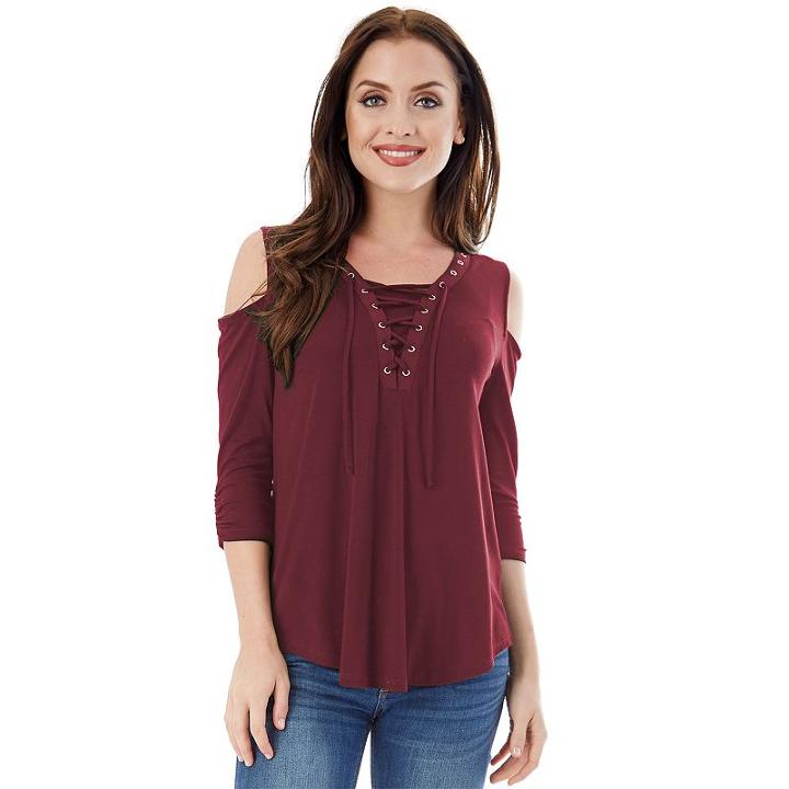 Juniors' Iz Byer California Lace-up Cold Shoulder Top, Teens, Size: Large, Dark Red