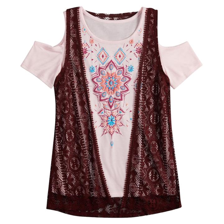 Girls 7-16 & Plus Size Mudd&reg; Cold Shoulder Graphic Print Tee & Crochet Vest Set, Size: 14 1/2, Light Pink