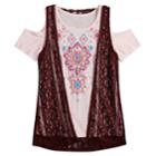 Girls 7-16 & Plus Size Mudd&reg; Cold Shoulder Graphic Print Tee & Crochet Vest Set, Size: 14 1/2, Light Pink