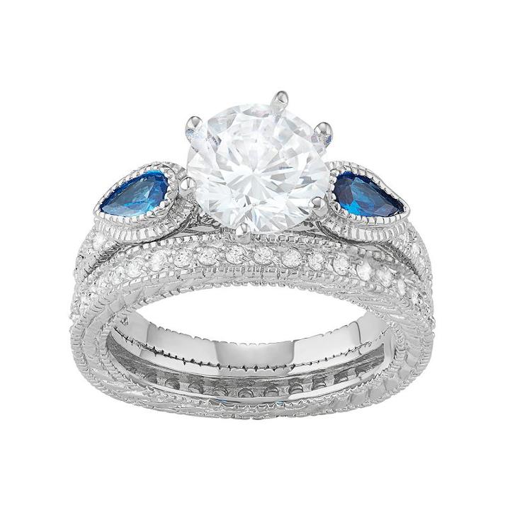 Journee Collection Sterling Silver Cubic Zirconia & Blue Glass Engagement Ring Set, Women's, Size: 6