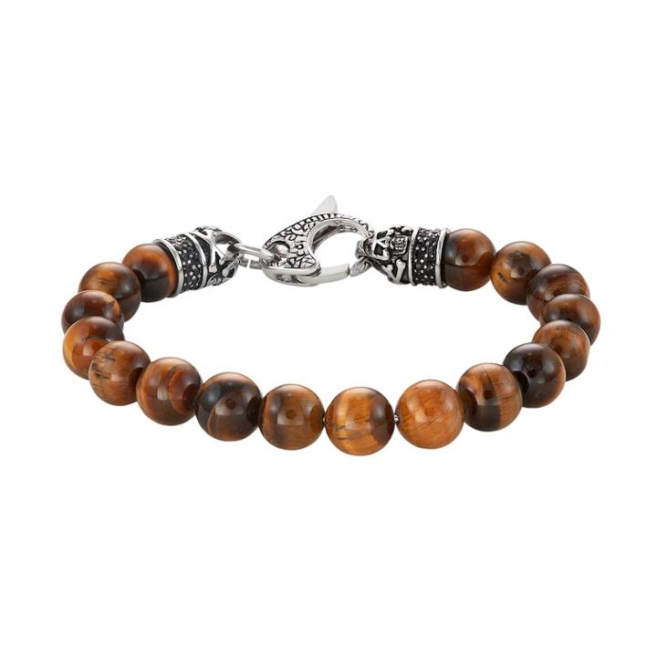 Men's Stainless Steel Tiger's Eye & Black Cubic Zirconia Beaded Bracelet, Size: 8.5, Brown