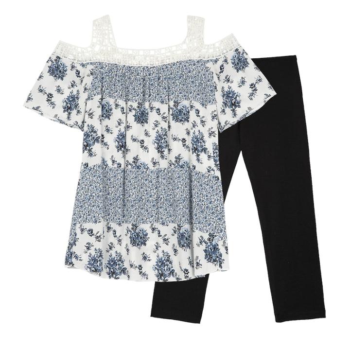 Girls 7-16 Iz Amy Byer Cold Shoulder Crochet Trimmed Tunic Top & Legging Set, Size: Large, Blue White