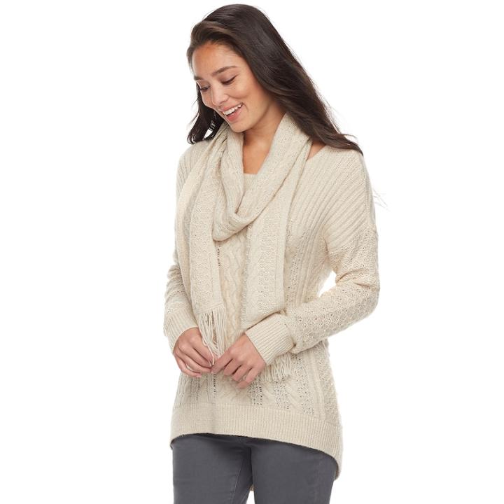 Women's Sonoma Goods For Life™ Cable Knit Crewneck Sweater & Scarf, Size: Xl, Lt Beige
