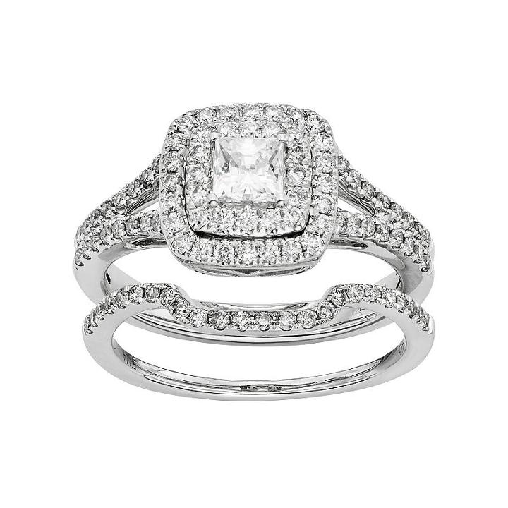 Igl Certified Diamond Square Halo Engagement Ring Set In 14k White Gold (1 Carat T.w.), Women's, Size: 9.50