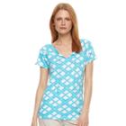 Women's Caribbean Joe Geometric Splitneck Tee, Size: Large, Turquoise/blue (turq/aqua)