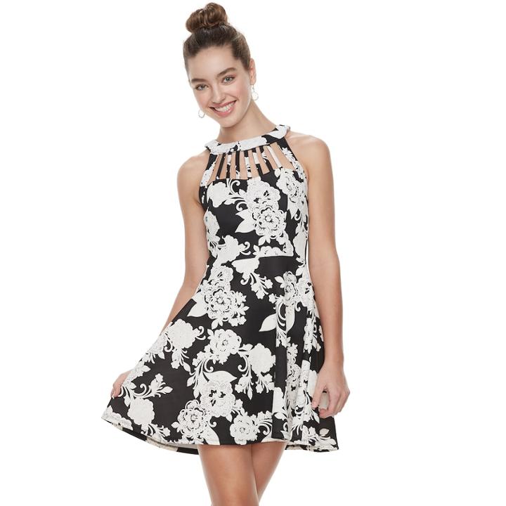 Juniors' Three Pink Hearts Floral Puff Scuba Caged Skater Dress, Teens, Size: Medium, Grey (charcoal)