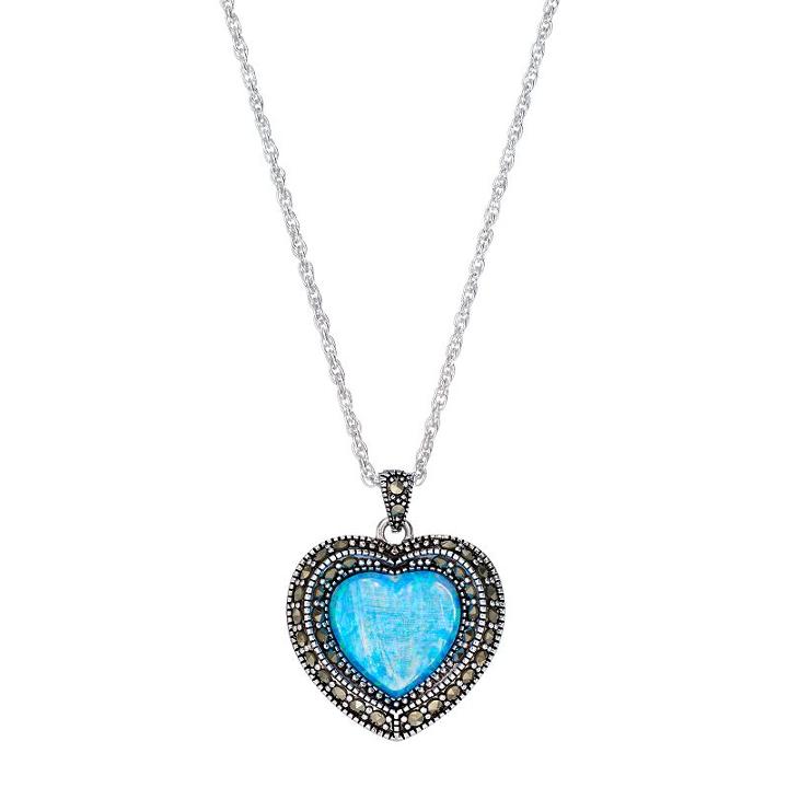 Silver Plated Simulated Opal & Marcasite Heart Pendant Necklace, Women's, Blue