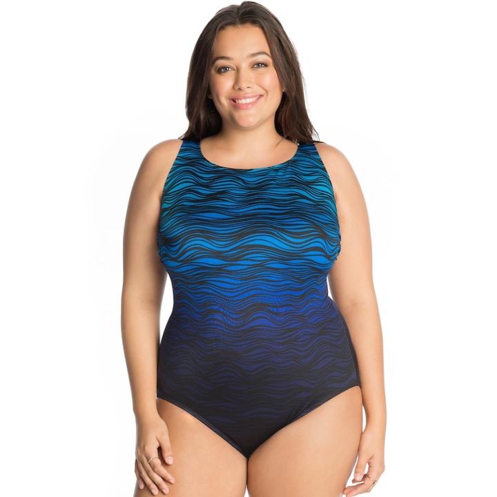 Plus Size Great Lengths Tummy Slimmer High-neck One-piece Swimsuit, Women's, Size: 20, Blue