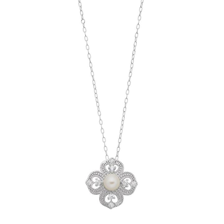 Sterling Silver Freshwater Cultured Pearl Cubic Zirconia Flower Pendant Necklace, Women's, Size: 18, White