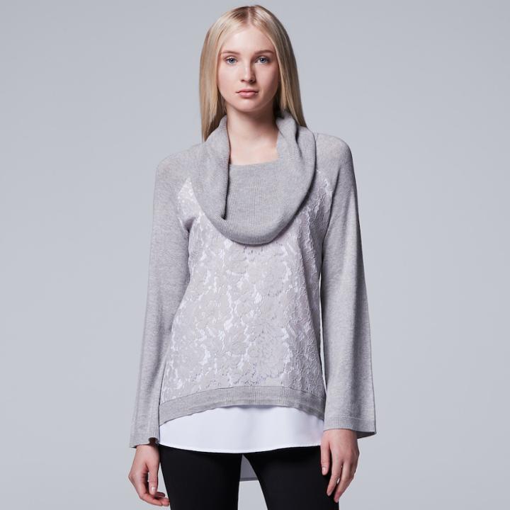 Women's Simply Vera Vera Wang Mock-layer Lace Cowlneck Top, Size: Medium, Light Grey