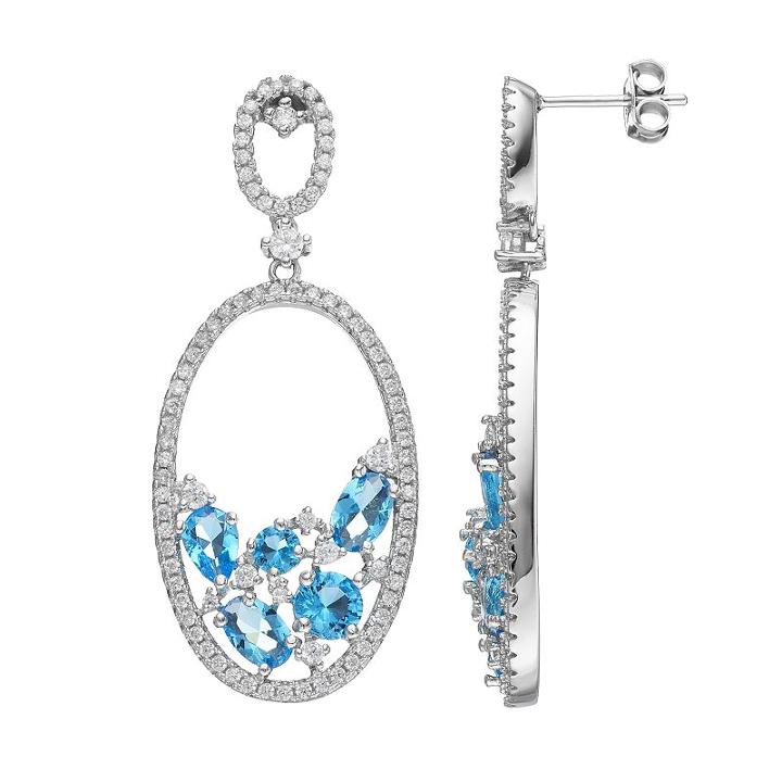 Sterling Silver Cubic Zirconia Oval Hoop Drop Earrings, Women's, Blue