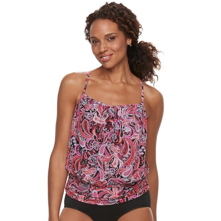 Women's A Shore Fit Tummy Slimmer Mesh Blouson Tankini Top, Size: 8, Pink