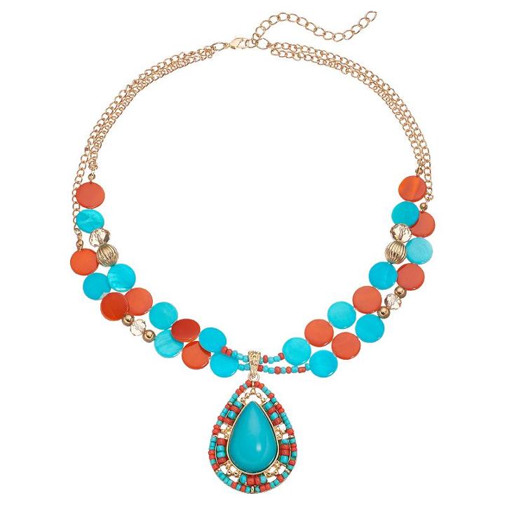 Peach & Aqua Composite Shell Disc Teardrop Cabochon Necklace, Women's, Multicolor
