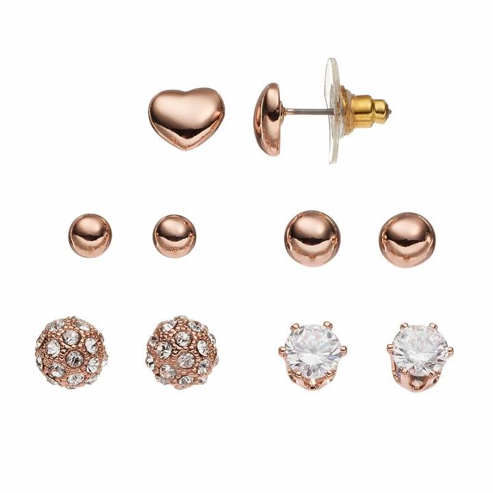 Apt. 9&reg; Heart, Ball & Cubic Zirconia Nickel Free Stud Earring Set, Women's, Pink