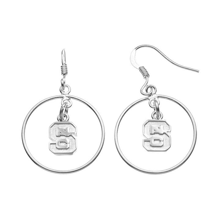 Dayna U North Carolina State Wolfpack Sterling Silver Logo Charm Hoop Drop Earrings, Women's, Grey
